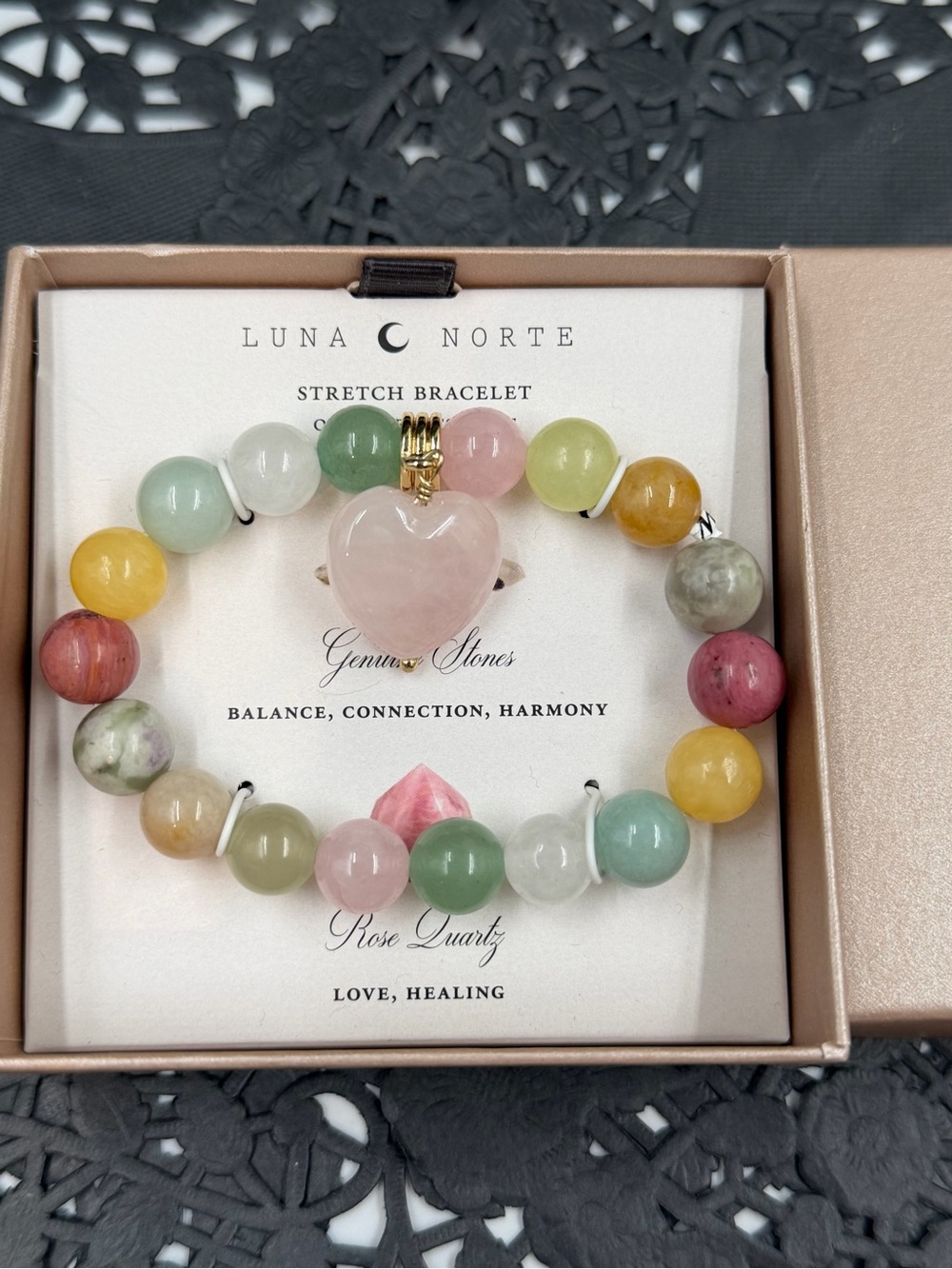 Luna Norte Rose Quartz Heart Beaded Bracelet Genuine Stone Stretch Healing Jewel